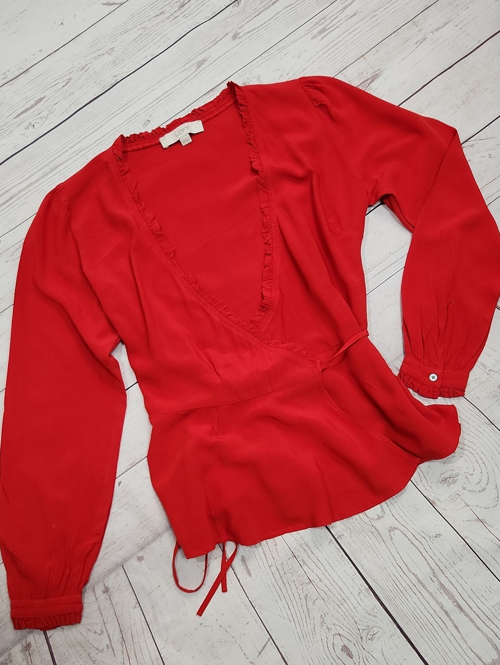 LOFT Red Ruffled Wrap Peplum Blouse